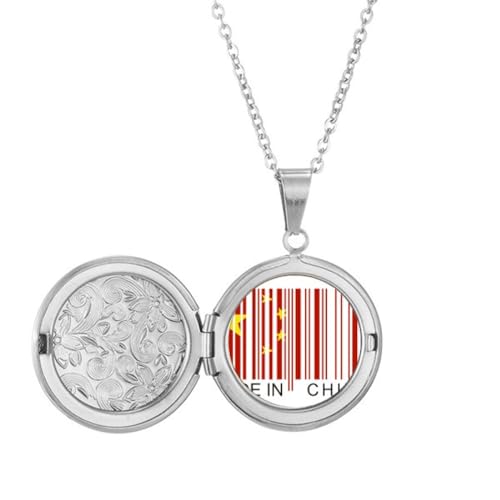 Collier médaillon code barre chinois porte-photo en acier inoxydable argenté