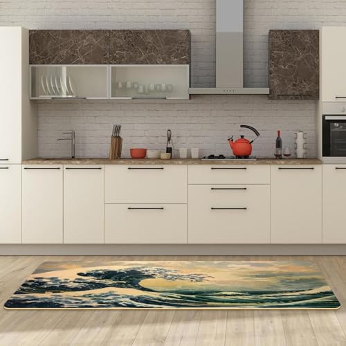 Tapete de cocina absorbente de olas japonesas lavable de 2 piezas 3