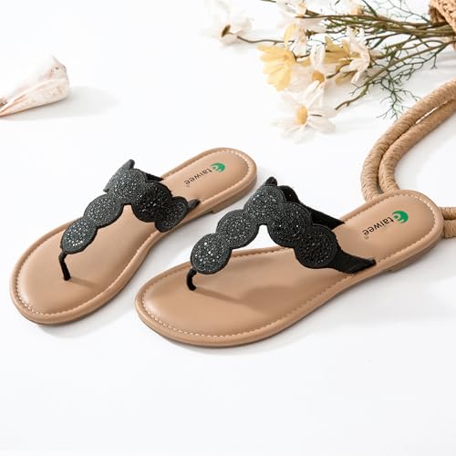 Image of Ataiwee Women's Bohemian Bling Flat Slide Sandals - Casual Summer Thong Sandals with Rhinestone Decor, Rubber Sole, Lightweight & Comfortable for Casual Attire Strappy Sandals.