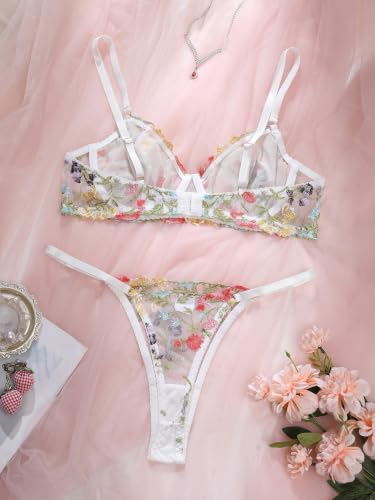 Image of Sexy Floral Embroidered Flower Mesh Underwire Push Up Lingerie Set