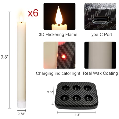 Image of Rechargeable Flameless Taper Candles with Charging Base, Real Wax Rechargeable Candles with Remote Timer, LED Flameless Candlesticks for Home Halloween Christmas Wedding Decor(Ivory, 6Pcs)