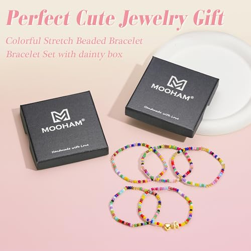 Image of M MOOHAM Gifts for Girls Kids - 5PCS Colorful Beaded Initial Bracelets for Girls, Cute Stretch Heart Letter Bracelet Initial Bracelet Jewelry for Kids Birthday Gifts for Girl