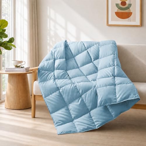 Joysoul Down Throw Blankets Lightweight Feather Down Throw for Indoor and Outdoor Duvet Insert Camping Travel Couch Soft Throw Medium Warm Blue (50 x 70)