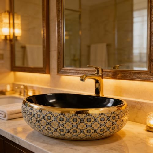 Image of Wallace Premium Countertop Wash Basin 60x40x15 cm | Oval Ceramic Table Top Sink | Black Interior with Royal Gold Ornate Pattern | Luxury Designer Vanity Wash Bowl for Modern Bathrooms