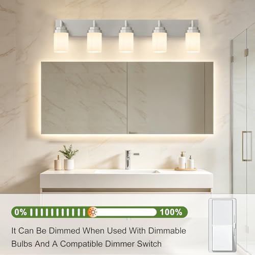 Image of Bathroom Light Fixtures, Brushed Nickel Bathroom Lighting Fixtures Over Mirror, Modern Vanity Light with White Glass Shade, Restroom Lighting Fixtures, 5-Light 36-inch