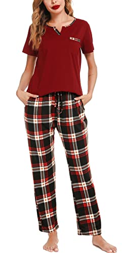 Lovasy Pyjamas for Women Soft Ladies Pyjamas Classic Pjs for Women Sets Short Sleeve Checked Long Pants Women'S Pyjama Sets Two Piece Pajamas Nightwear with Pockets,Wine Red,M