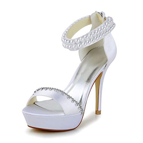 JIAJIA 1294 Women's Bridal Shoes Peep Toe High Heels Satin Platform Sandals Pearl Wedding Shoes
