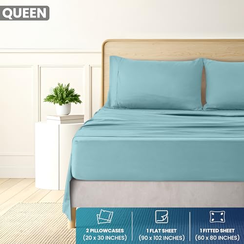 Image of Utopia Bedding Queen Sheet Set, Soft Microfiber 4 Piece Bed Sheets with 15 inch Deep Pocket - Easy Care Brushed Microfiber (Queen, Spa Blue)