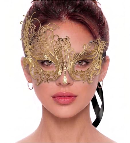 Image of Metal Filigree Masquerade Mask for Women - Swan Style Mask with Rhinestones for Mardi Gras, Prom, Halloween & Venetian Party