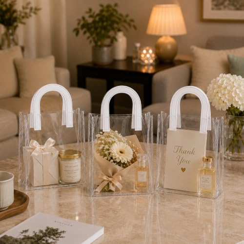 Image of SATYAM KRAFT 6 Pcs Transparent Reusable Leather Goodie Bags | Elegant Gift Bags for Her /Him Wedding Return Favors, Engagement Hampers, Marriage, Birthday & Festival Gifting | Handle Hamper Shopping Carry Bags (U-shaped White - Medium)