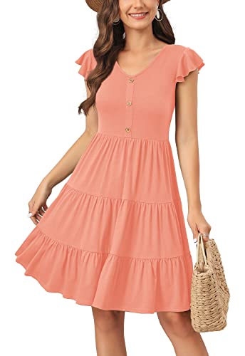 Image of Lamilus Summer Dresses for Women 2026 Ruffle Sleeve V Neck Non-See Through Tiered Babydoll Mini Dress Graduation Beach