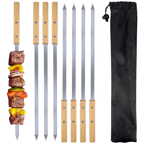 AWCIGG® 8 Piezas Brochetas Barbacoa de Acero Inoxidable con Mangos de Madera de Haya, 42cm Pinchos Barbacoa de Metal Plano, Brochetas de Barbacoa Reutilizables con Bolsa de almacenamiento