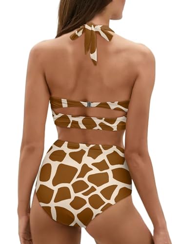 Howilath Women's High Waisted Bikini Sets Fashion Animal Print Two Piece Swimsuits High Cut Bathing Suits3