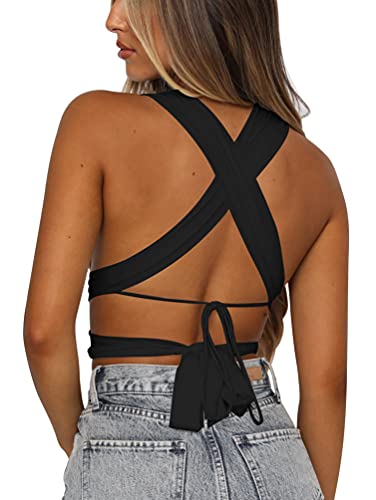 Kaximil Women's Sexy Sleeveless Halter Criss Cross Cami Lace Up Self Tie Tank Crop Tops2