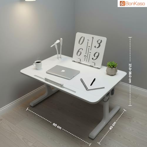 Image of BonKaso Adjustable Laptop Table for Bed (60x40 cm) | Foldable Lap Desk with Book Holder & Mobile Stand | Engineered Wood Portable Study Table for Work from Home, Reading & Study (White)