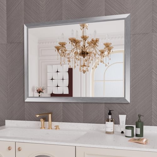 Amorho 48X36 Inch Bathroom Mirror Silver, Thick Metal Framed Wall Mirrors for Over Sink, Brushed Nickel Mirror Perfect for Bedroom, Living Room, Entryway, Rectangle (Horizontal/Vertical).
