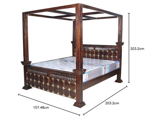 Image of Sheesham Wood Queen Size Pillar Poster Bed ‎Without Storage for Bedroom Living Room Solid Roosewood Wooden Cot Furniture Palang for Home (Walnut Finish)