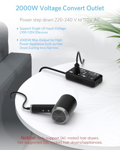 Universal Travel Adapter 220V to 110V Voltage Converter US to Europe 2000W Travel Voltage Converter with 2 USB Ports and EU/UK/AUS Plug Adapter for Hair Dryer/Curling Iron (Black)4