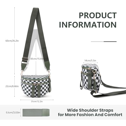 Image of hibear Checkered Crossbody Bag Spacious Bum Bags for Women Nylon Crossbody Fanny Packs Checkered Purse Belt Wallet (W-bean green)