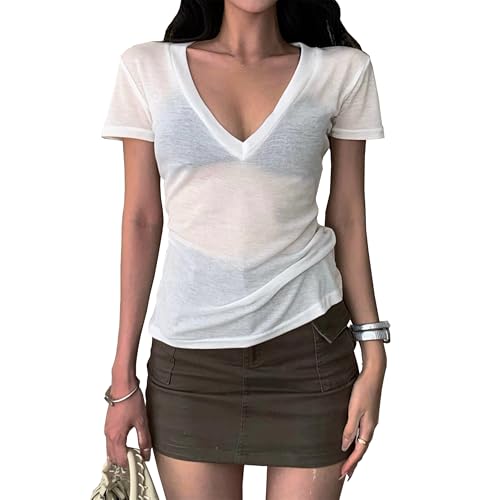 Generic Elbucutess Women's Summer V-neck T-shirts Short Sleeve Sheer Basic Tops Tee White