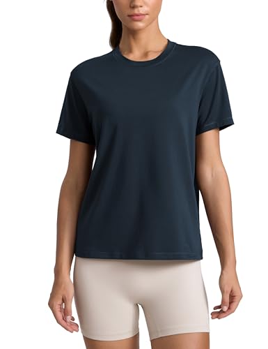 CRZ YOGA Cotton-Blend Workout Tops for Women Breathable Gym Athletic Short Sleeve Shirts Quick Dry Casual Basic T-Shirt