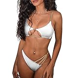 ZAFUL Women's Ribbed Contrast Strap Cut Out Thong Padded Two Piece Bikini Set Swimwear (3-White, M)