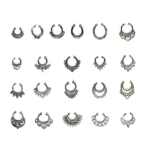 Aoyoho 21Pcs Fake Septum Clicker Nose Ring Rhinestone Non Piercing Hanger Clip Body Jewelry (Silver)