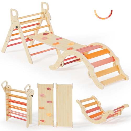 Image of BlueWood Pikler Triangle Set, Toddler Wooden Climbing Toys Indoor 7in1 Foldable Climber for Kids, Montessori Philosophy Play Jungle Gym with Arch, Ramp, Ladder (Farm Charm Autumn)