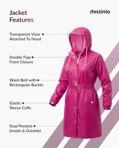 Image of Destinio Raincoat for Women Waterproof | Long Hooded Polyester Raincoat with PVC Lining | High Neck Double Layer Seam-Sealed Rain Wear with Waist Belt | Windproof Monsoon Rain Coat