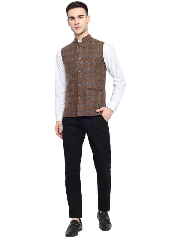 Image of Vastraa Fusion Men's Blue & Grey Chequered Woolen Blended Festive Nehru Jacket /Waistcoat