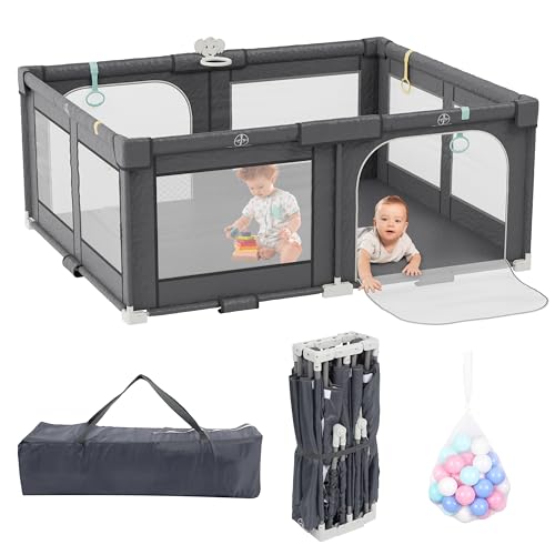 Xilingol 72″ X 59″ Foldable Playpen, Potable Baby Play Yard with Carry Bag, Baby Gate Playpen with Anti-Slip Suckers & Zipper Gates, Baby Fence Play Area with 4 Handlers & 50 Ocean Balls(Grey)