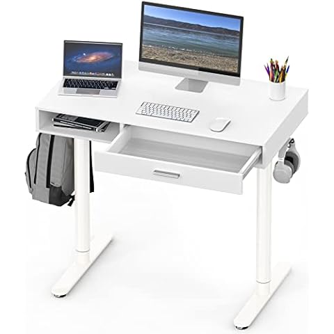 SHW Claire 40-Inch Height Adjustable Electric Standing Desk with Drawer, White Cover