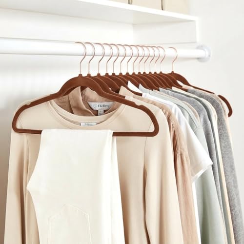 Image of ginoya Brothers Velvet Hangers,Non Slip Notched with Rose Gold Hook Coat /Suit Hangers,Space Saving 360 Degree Swivel Hook (Brown, 10 Count),Velvet