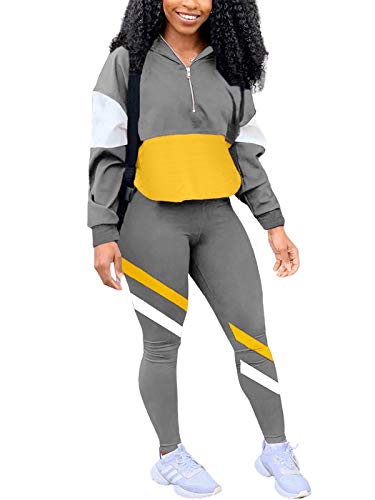 Bornpom Womens Color Block Tracksuit Workout 2 Piece Turn Down Collar Half Zip Pullover Sweatshirt Skinny Pants Set Gray M