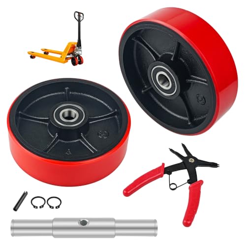 Image of Set of 2 Pallet Jack Steering Wheels (7 inch x 2 inch) Red Polyurethane on Steel Hub - Heavy Duty Replacement Parts with Pre-Installed Bearings, Axles & Fasteners - Fits Most Pallet Trucks