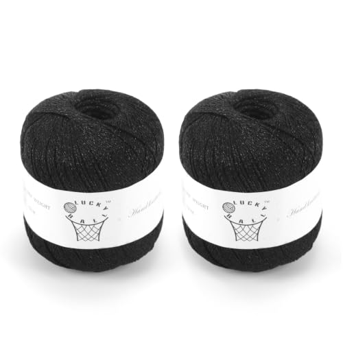 Image of 2PCS Metallic Crochet Thread,Yarn for Crocheting,Metallic Thread Round Band Yarn,Lurex Yarn with Metallic Shine, Sparkle Metallic Yarn for Clothes, Car Charm, Keychain Charm 80g Black