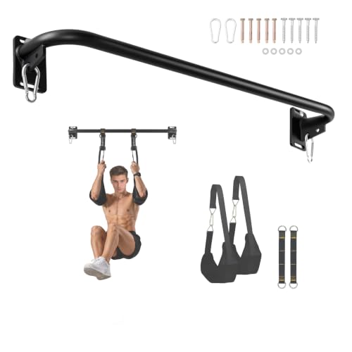 Image of Wall Mounted Pull Up Bar with Hanging Ab Straps, Carbon Steel Chin Up Bar with 8mm Steel Plates, Adjustable Oxford Cloth Ab Sling Straps for Pull Ups, Knee Raises, Leg Raises, Home Gym Training(Black- Ab Straps)