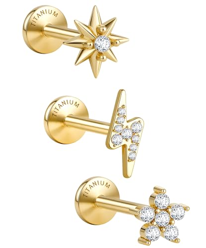 G23 Implant Grade Titanium Flat Back Earrings 5A CZ Studs: 14K Gold Hypoallergenic 3 Pcs 18G Internally Threaded Tragus Cartilage Conch Helix Piercing Jewelry for Sensitive Ears Women Men