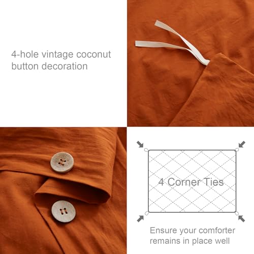 Sunstyle Home 100% Washed Cotton Duvet Cover Set Breathable Soft Queen Rust Duvet Cover 3 Pieces Solid Color Bedding Set With Buttons Closure Comforter Cover Set thumb #5