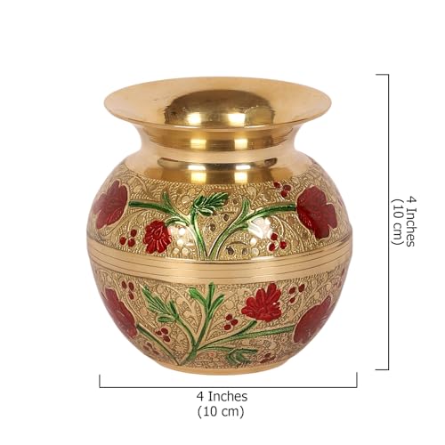 Image of Two Moustaches 4 Inches Flowers Design Brass Pooja Kalash, Kalash for Pooja Rituals, Brass Gangajali Lota, Kalash for Pooja, Kalash for Gangajal, Multicolored, Pack of 1