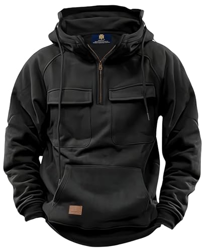 Men's Workout Hoodies Chic Pullover Long Sleeve Raglan Hooded Warm Pockets Sweatshirt Black L