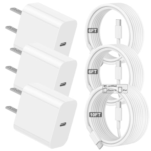 QOQHO USB C Charger Fast Charging for iPhone 15, [Certified] 20W PD Block for iPad Pro/Air/Mini Type-C Power Block, 3Pack 6Ft&10Ft C to C Cable for iPhone 15/15 Plus/15 Pro/ 15 Pro Max Rapid Charge