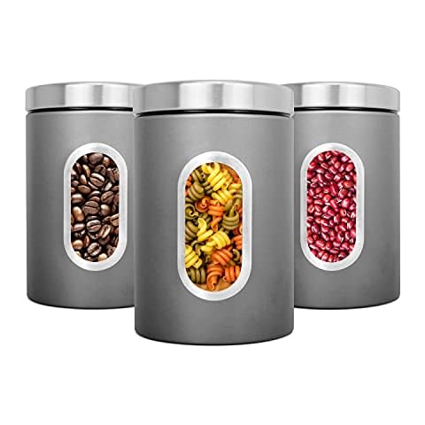 JENNIMER Canister Set of 3,Stainless Steel with Transparent Windows for Sugar Food Tea Coffee Candy Storage (Grey) Cover