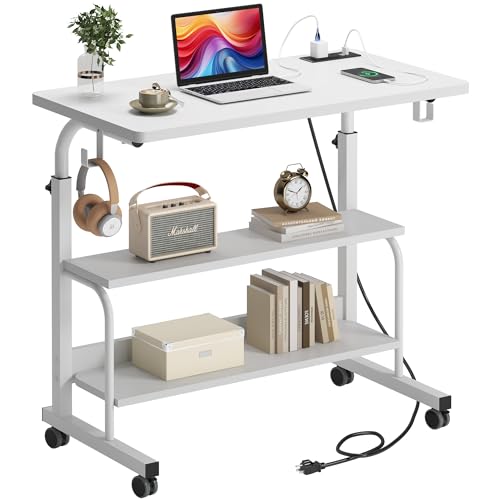 SogesHome 31.5 inches Adjustable Table Mobile Bed Table Portable Laptop Computer Stand Desks with Rolling Wheels, Three-Hole Sockets and USB Ports, White