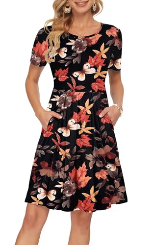 Image of AUSELILY Women's Short Sleeve Pleated Swing Summer Dress with Pockets | Knee-length short sleeve dress, empire waist & pockets, ideal for casual daily wear and vacation