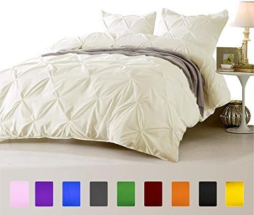 FINE LECHO Soft Luxurious 3-Piece Pinch Pleated Pintuck Decorative Quilt Duvet Cover Set Highest Quality Egyptian Cotton 800 Thread Count Comforter Cover (Full/Queen, Ivory