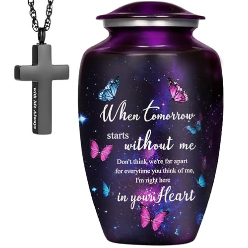 Image of Purple Butterfly Urns for Human Ashes Adult Female & Male with Black Cross Ash Necklace | Handcrafted Purple Urn for Ashes for Women & Men | Large Decorative Urns for Funeral Up to 220lbs