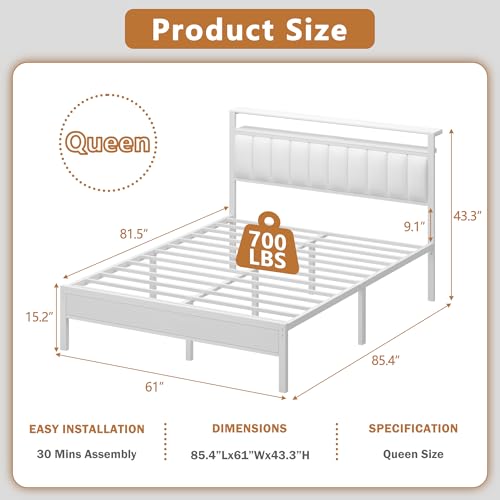 Image of Furnulem White Queen Bed Frame with Charging Station & Led Lights, PU Leather Upholstered Headboard with 2-Tier Storage Shelves, No Box Spring Needed, Metal Slat Support, Easy Assembly