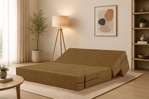 Image of Three Seater Sofa Cum Bed Jute Fabric 5 X 6 Ft| Space Saving Foldable Sofa Bed for Living Room & Guest Room | Comfortable Multi-Functional Furniture - Golden