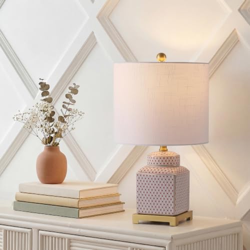 Image of JONATHAN Y Cleo 21.5 inch Red & White Ceramic Table Lamp with Brass Base